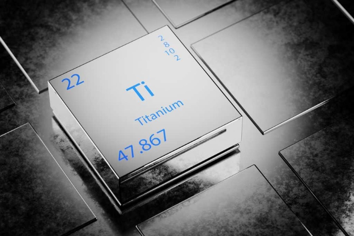 3D illustration of Titanium as an element of the periodic table. Titanium element a metallic background.